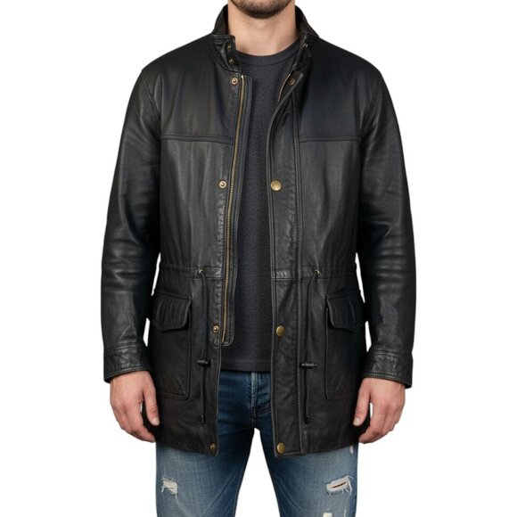 Vintage 90s Charles Klein Mens Leather Field Jacket Black Coat Waist Ties Sz XL - Picture 1 of 16